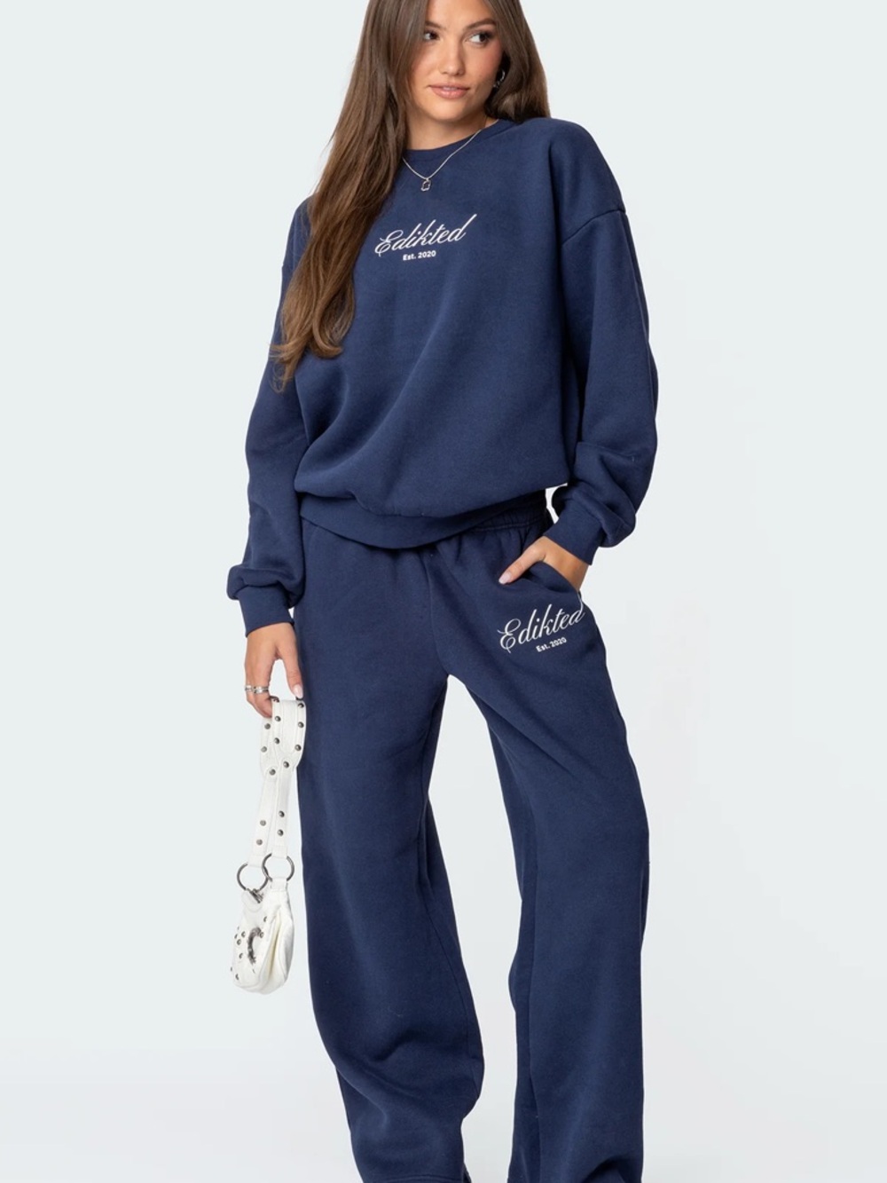 Edikted Navy Blue Logo Sweatshirt and Wide-Leg Sweatpants Set